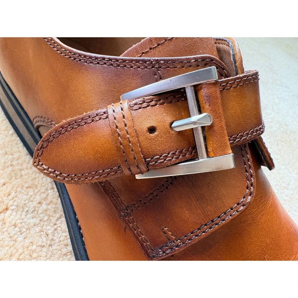 La Milano Mens Monk Strap‎ Dress Shoes Size 8 Cognac Leather Formal Wedding Lux